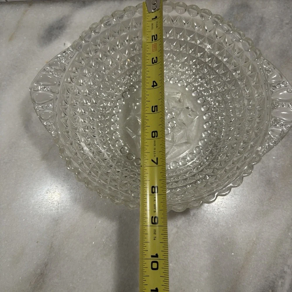 Hobnail Pressed Clear Glass Bowl Handled Scalloped Edge Diamond Vintage OLA05